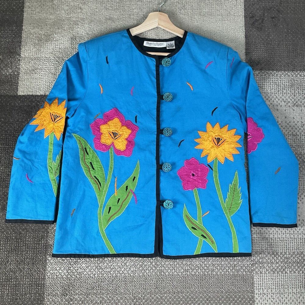 Draper's&Damon's Floral‎ Appliqué Jacket Cardigan Womens Size S Blue
